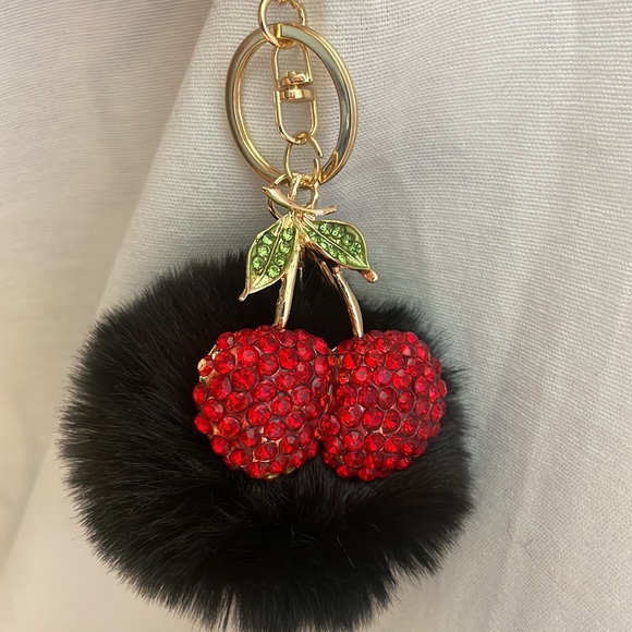 NEW Black Pom with Rhinestone cherry charm luxury style keychain purse charm - Picture 6 of 8
